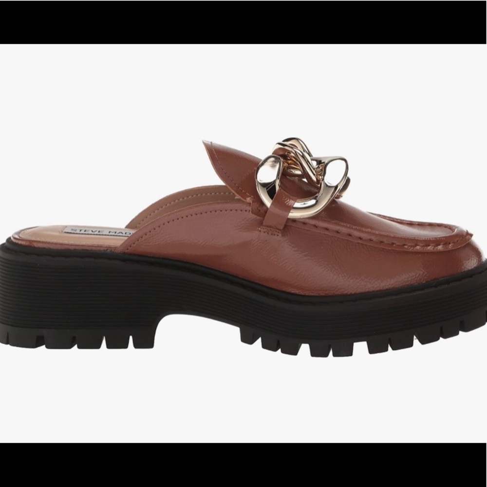 Steve Madden Miri Slide-On Loafer Shoe Patent Leather Gold Chain NEW